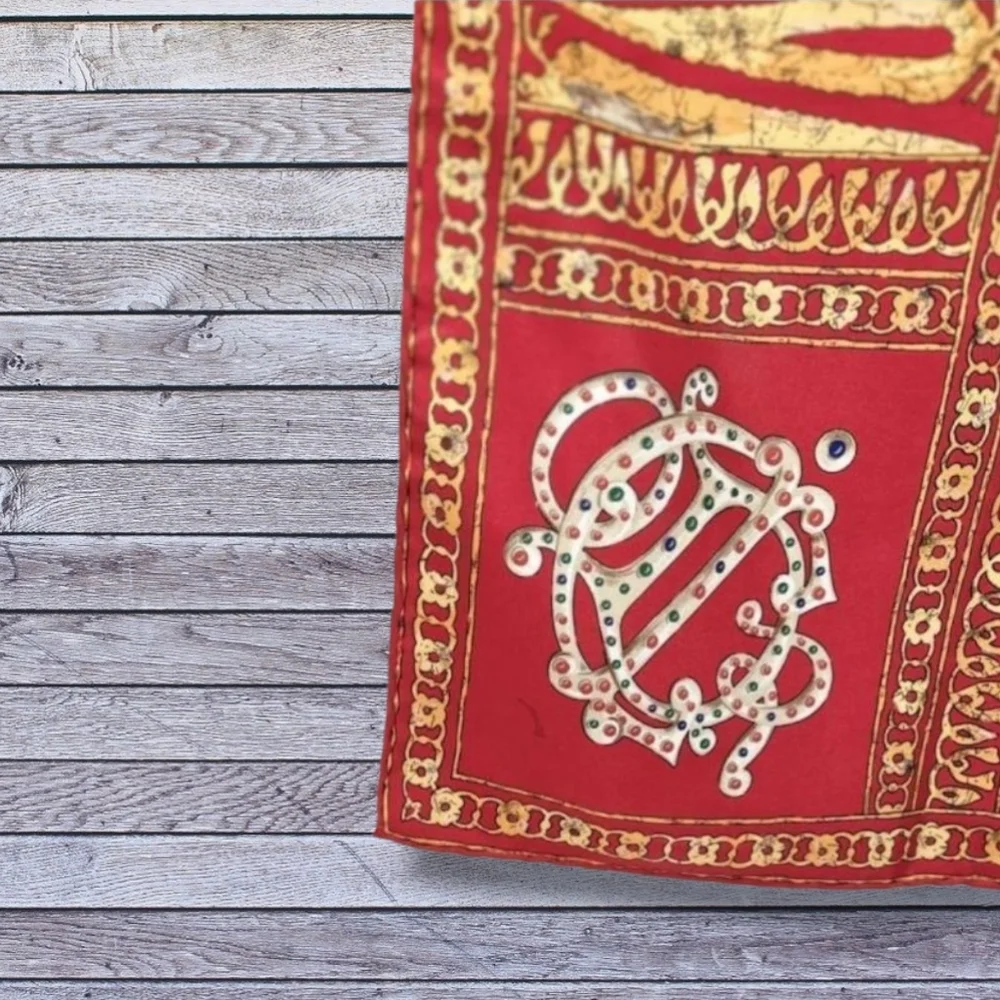 DIOR Vintage Red, Gold & Blue Silk Scarf - Intricate Hand Rolled Edges 90 Square